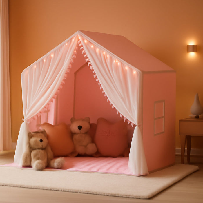 Large Kids Play Tent, 55.1In Length, Fits 3-4 Children,Indoor Playhouse for Kids, with Padded Mat and Lights, Bed Tent for Toddler, Birthday for Boys Girls