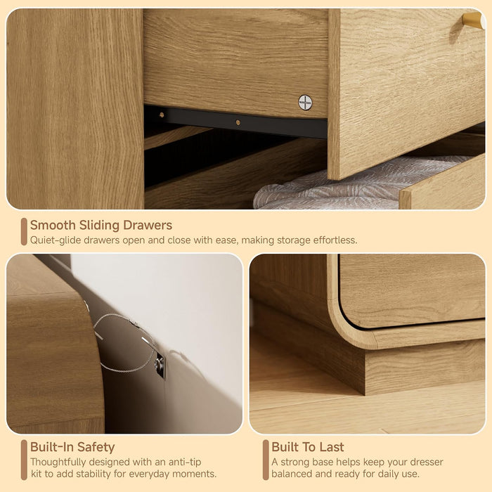 6 Drawer Dresser for Bedroom, 47.2” Wide Modern Chest of Drawers with Curved Profile Design, Wooden Dresser TV Stand with Gold Metal Handles, Large 6 Drawer Dresser for Bedroom, Living Room