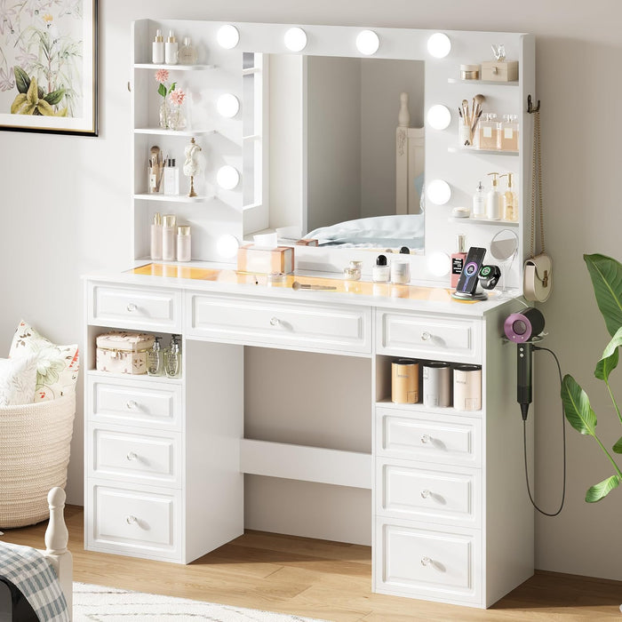 Vanity Desk with Lighted Mirror, Large Storage Makeup Table with 9 Drawers, Makeup Dressing Table with Crystal Ball Knobs Vanity Set for Women,White