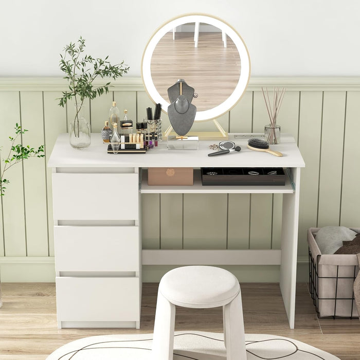 White Desk with 3 Storage Drawers & Built-In Charging Station, Home Office Desk with Keyboard Tray, PC Desk Study Writing Table, Vanity Table for Bedroom, Computer Workstation (White)