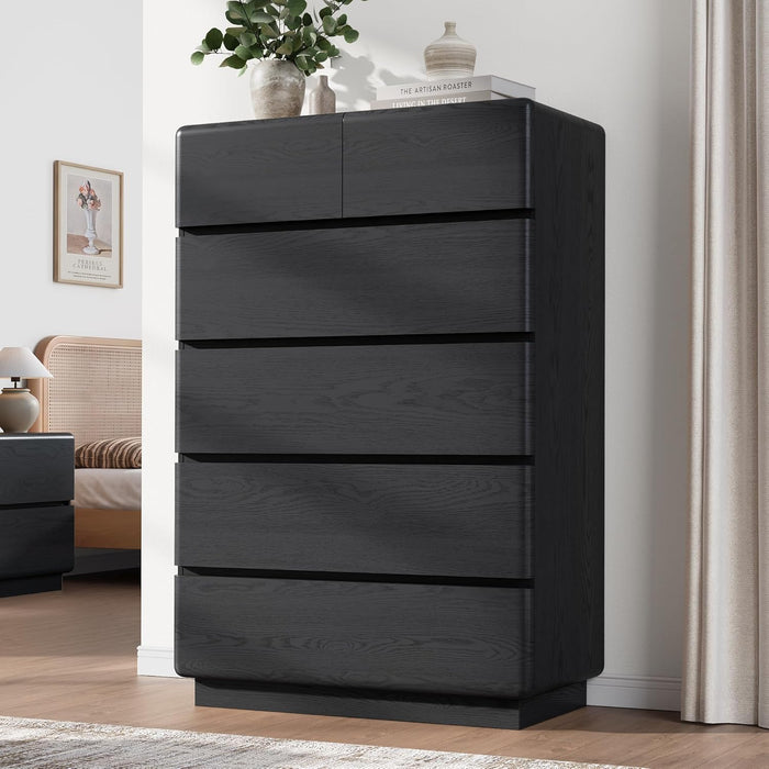 Black 6 Drawer Dresser for Bedroom, 48" Tall Dressers & Chest of Drawers with Curved Profile Design, Modern Dresser with Thickened Base for Bedroom, Living Room, Hallway