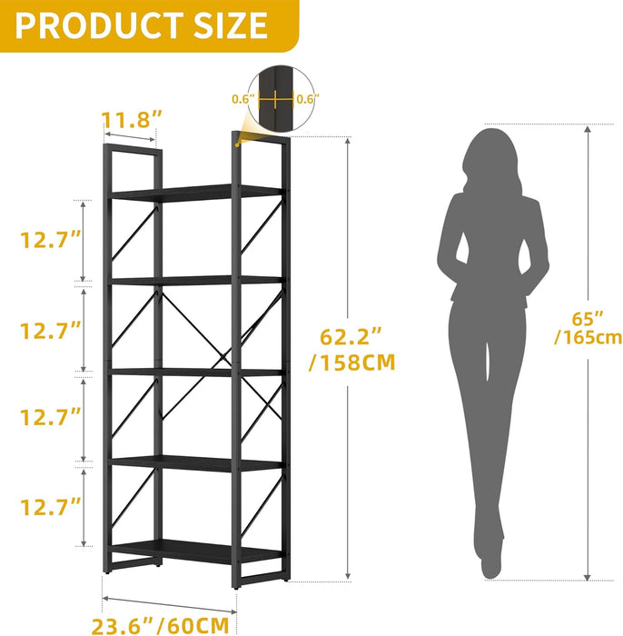 5 Tier Bookshelf 2 Pack, Black Bookcase Storage Organizer, Modern Book Shelf Storage Rack Shelves for Bedroom, Living Room, Home Office, Black