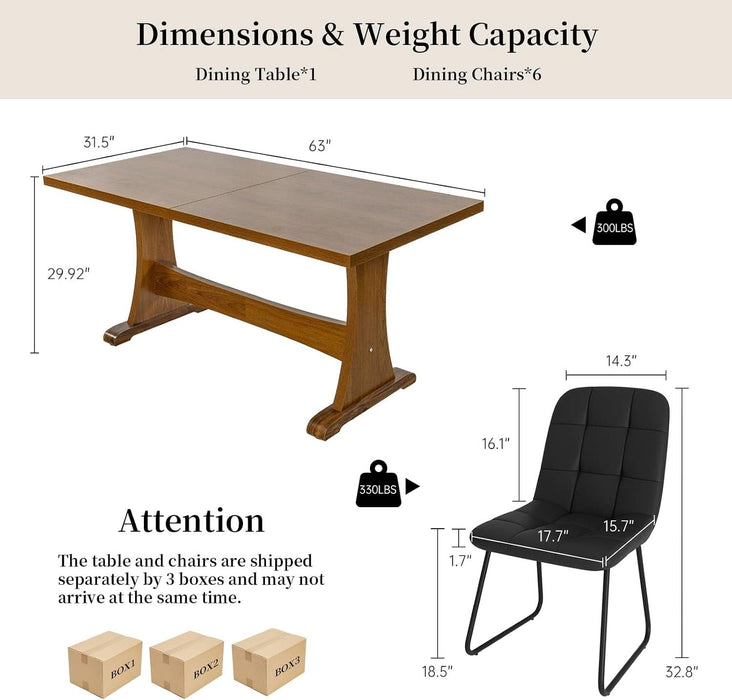 7-Piece Dining Table Set for 6, 63" Walnut Table, Black PU Chairs