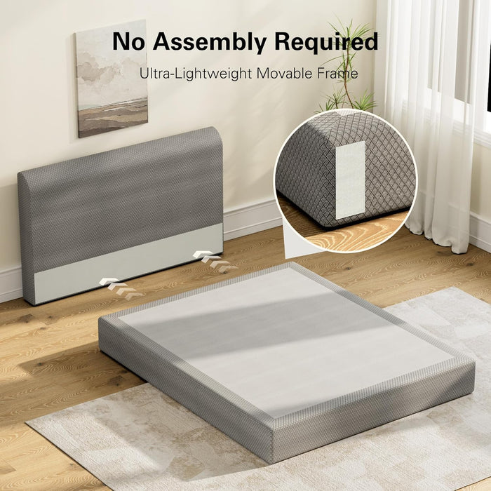 No Assembly Required Queen Size Foam Bed Frame, Ultra-Lightweight Movable Platform Bed with 360° Soft Cushioning & Anti-Collision Edges, Tool-Free Stick-On Design, No Box Spring Needed, Grey