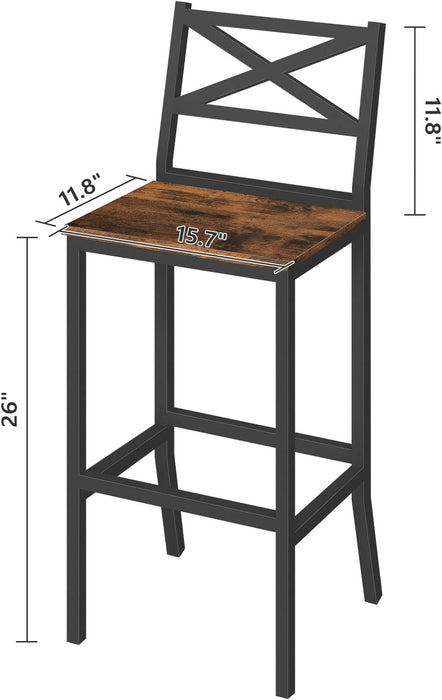 Bar Stools, Set of 2 Bar Chairs with Backrest and Footrest, 26" Tall Counter Bar Stools, Kitchen Breakfast Bar Chairs, Easy Assembly, for Dining Room, Rustic Brown BAHR0901N1