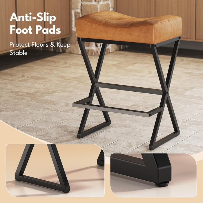 Counter Height Bar Stools Set of 2, Backless 26" Saddle Barstools, Brown