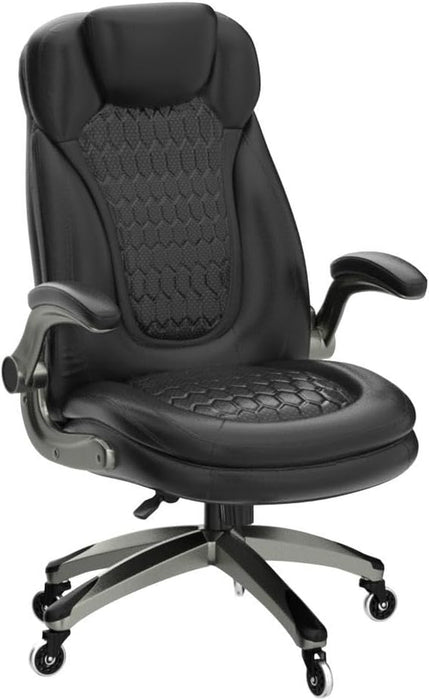 Executive Office Chair-Ergonomic Computer Desk Chair, High Back Leather Chair with Padded Flip-Up Arms, Swivel Home Office Chair Upgraded Caster-Black