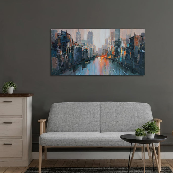 Abstract Cityscape Wall Art for Living Room, Modern Skyline Urban Canvas Painting Neutral for Bedroom, Framed Textured Artwork Large Picture Dining Room Mens Room Home Office Wall Decor 40"X20"