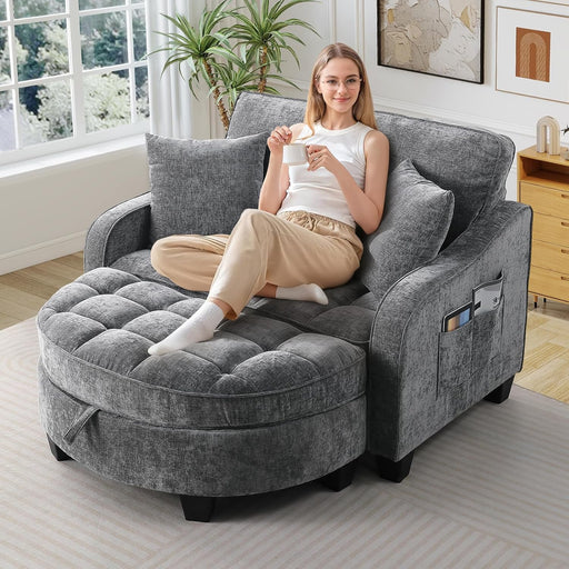 Oversized Chaise Lounge Chair Gray Chenille Tufted