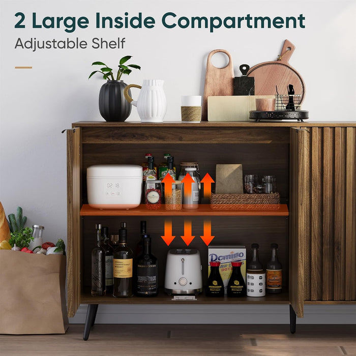 Walnut Buffet Cabinet with Storage, Large Sideboard Cabinet with 4 Fluted Doors and Metal Legs, Storage Cabinet with Adjustable Shelf, Accent Table for Living Room, Dining Room, Kitchen