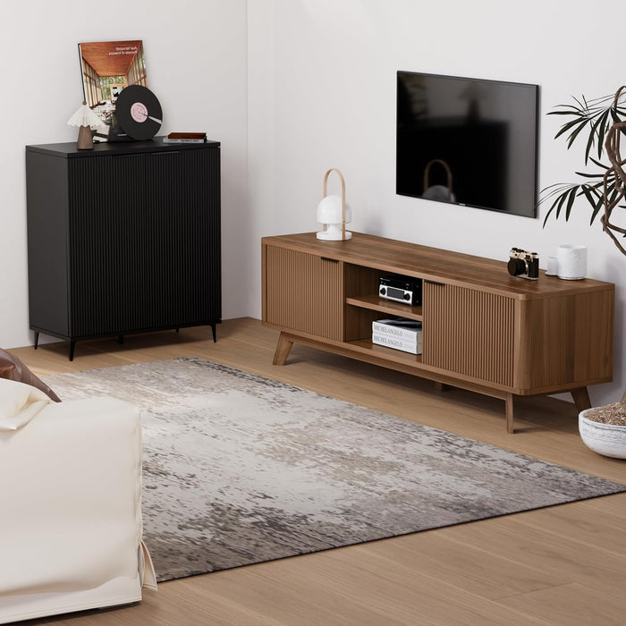 Mid Century Modern for TV Stand for Tvs up to 55-65 Inch,Tv Stand for Living Room,Tv Console with Storage,Tv Console with Fluted Door Cabinets and Open Shelves,Walnut