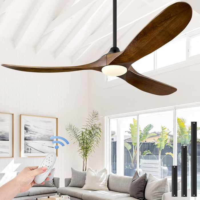 52 Inch Ceiling Fans with Lights and Remote Control, Outdoor Ceiling Fan with Light 3 Blades Propeller Solid Wood Ceiling Fan for Indoor Bedroom Living Room, Walnut Wood