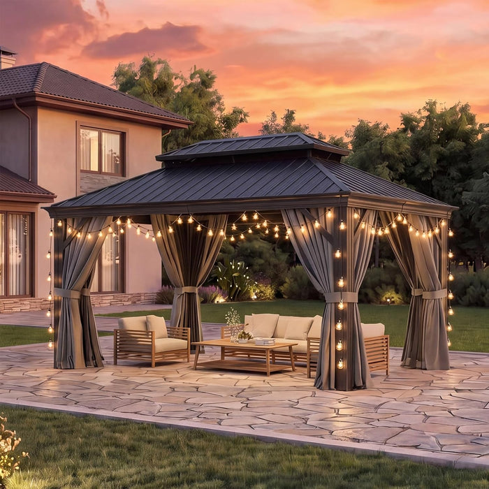 10' X 14' Permanent Hardtop Gazebo with Galvanized Steel Double Roof and Aluminum Frames Outdoor Large Pavilion Gazebo for Patio Deck Garden, Nettings and Curtains Included, Gray
