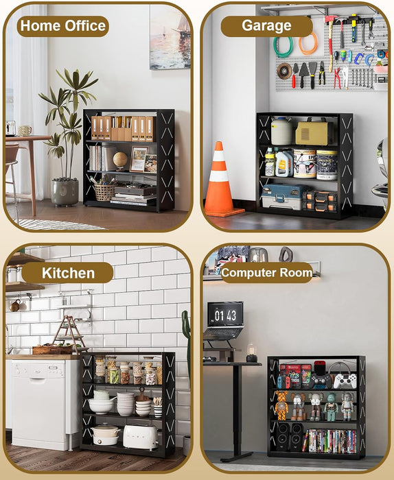 Three Shelf Black PowderCoatedSteel Bookcase Anti Tip