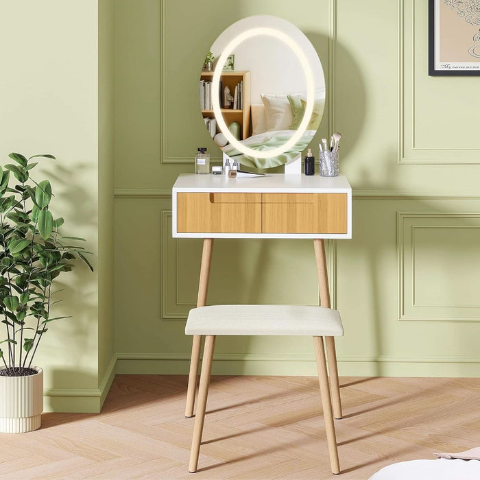 Small Vanity Desk with Mirror and Lights, Wooden Handles with Cushioned Stool, 3 Lighting Modes round Makeup Table with Upgraded Silent Slides, Compact Vanity for Small Spaces, Natural Oak