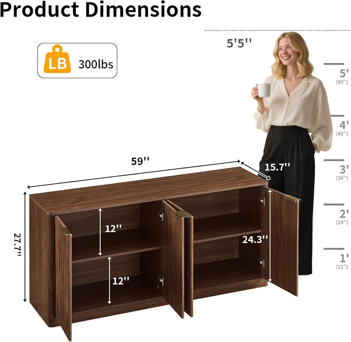 59" Fluted Buffet Cabinet Sideboard with Storage, Large Credenza with 4 Doors, 2 Adjustable Shelves, Wood Mid Century Modern Sideboard for Kitchen and Living Room, Walnut Brown