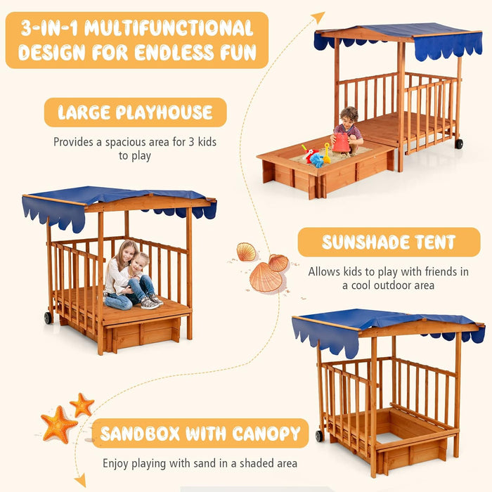 3 in 1 Kids Sandbox with Playhouse and Canopy, Wooden Cedar Bottomless Sand Pit for Backyard W/Wheels, Guardrails & Cover, Portable Sand Boxes for Kids Outdoor with Lid