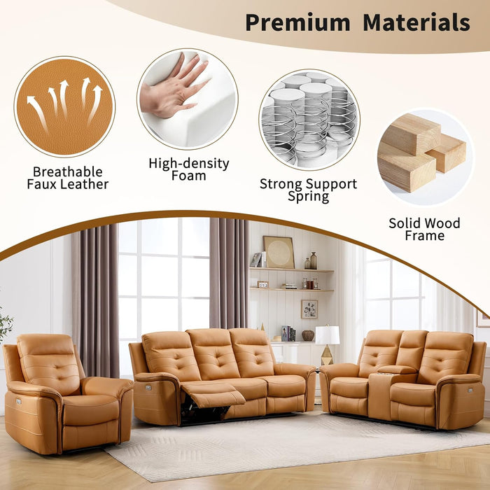 3-Piece Power Recliner Sofa Set with Charging Port, Include Single Recliner Chair, 2-Seater Loveseat with Hidden Storage & Cup Holders and 3-Seater Reclining Couch for Living Room, Yellow