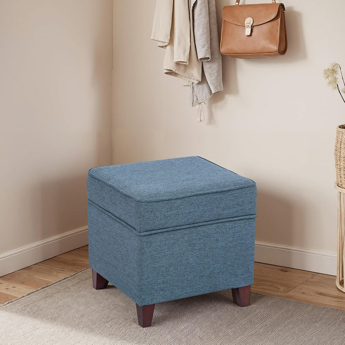 17" Square Ottoman with Storage, Small Blue Storage Ottoman Foot Rest with Hinged Lid & Solid Wood Legs, Linen Fabric Foot Stool for Living Room & Bedroom, Seasonal Home Refresh & Gifting