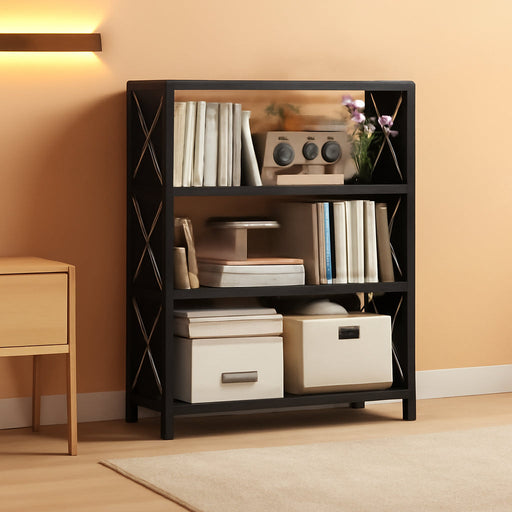 Three Shelf Black PowderCoatedSteel Bookcase Anti Tip