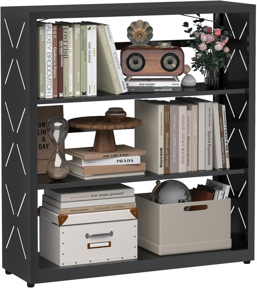Three Shelf Black PowderCoatedSteel Bookcase Anti Tip