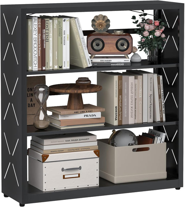 Three Shelf Black PowderCoatedSteel Bookcase Anti Tip