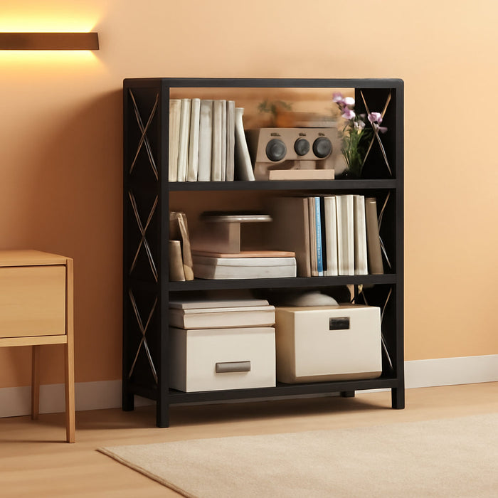 Three Shelf Black PowderCoatedSteel Bookcase Anti Tip