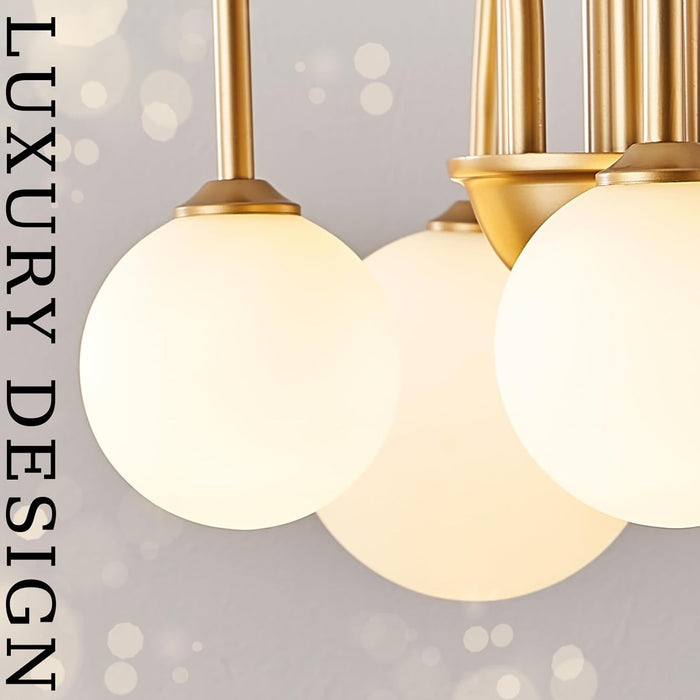 Gold Sputnik Chandelier,6 Lights Large Modern Chandelier L40”Mid Century Long Ceiling Pendant Light Fixtures for Dining Room with Milk Glass Globe Shades for High Ceiling Foyer Living Room