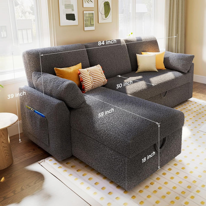 Grey Boucle Upholstered Convertible Sofa Bed Storage