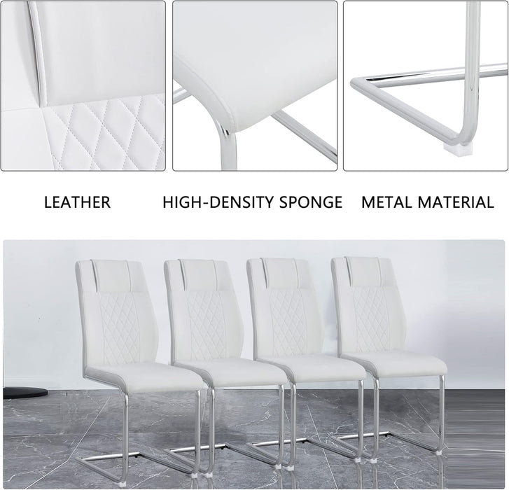 Dining Chairs Set of 4, White Faux Leather with Plated Chrome Metal Frame, Modern Kitchen Chairs with Padded Seat High Back for Dining, Kitchen, Living Room