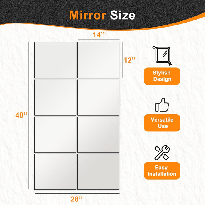 Frameless Mirror Tiles 14"X12"X8 Pcs Wall Mounted, Shatter Resistant Full Length Tempered Glass Panels for Home Gym Bathroom Bedroom & Living Room Decor