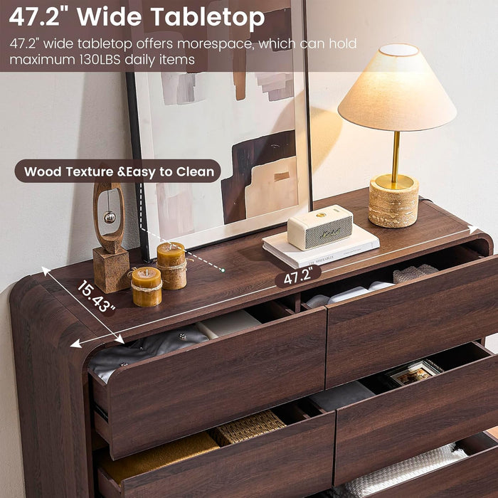 Walnut 6 Drawer Dresser Curved 47Inch BedroomStorage