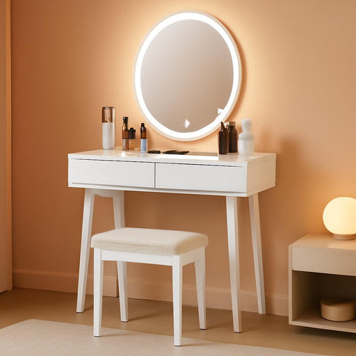 Vanity Set with Lighted Mirror, 3 Modes Adjustable Brightness Mirror, Makeup Dressing Table with Cushioned Stool, 2 Sliding Drawers with Divider, Modern Bedroom Vanity for Girls Women (White)