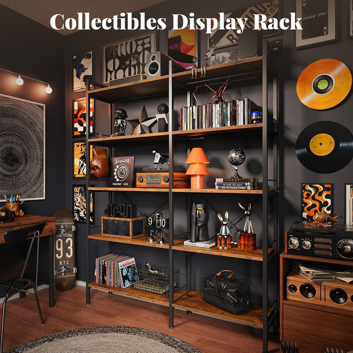 5 Tier Bookshelf, L Shaped Corner Bookshelf with 10 Open Shelves, 49.4 Inch Straight Wide Bookcase with Metal Frame and Wooden Board, Adjustable Feet, Rustic Brown