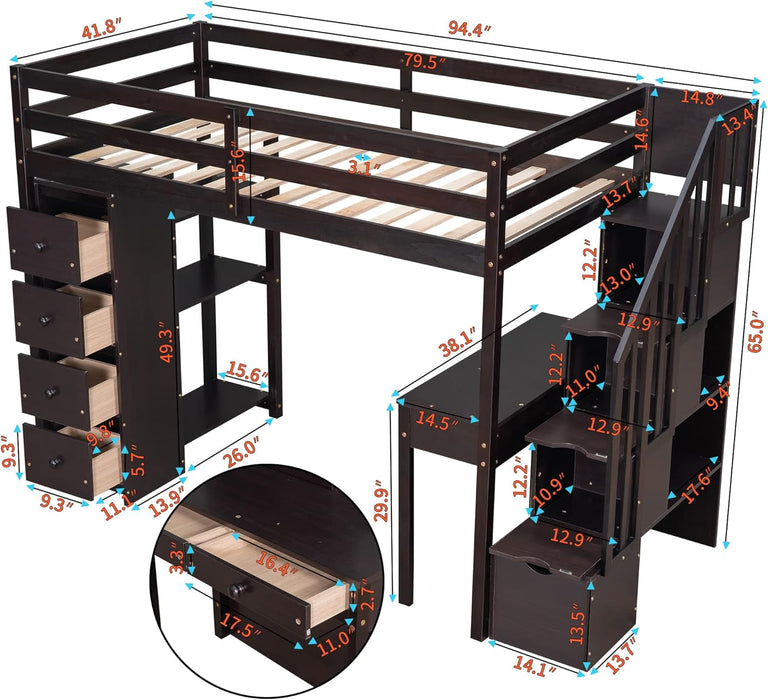 Loft Bed Twin with Desk and Storage Stairs, Space-Saving Wood Bed Frame with Drawers and Shelves, for Teens Adults (Espresso)