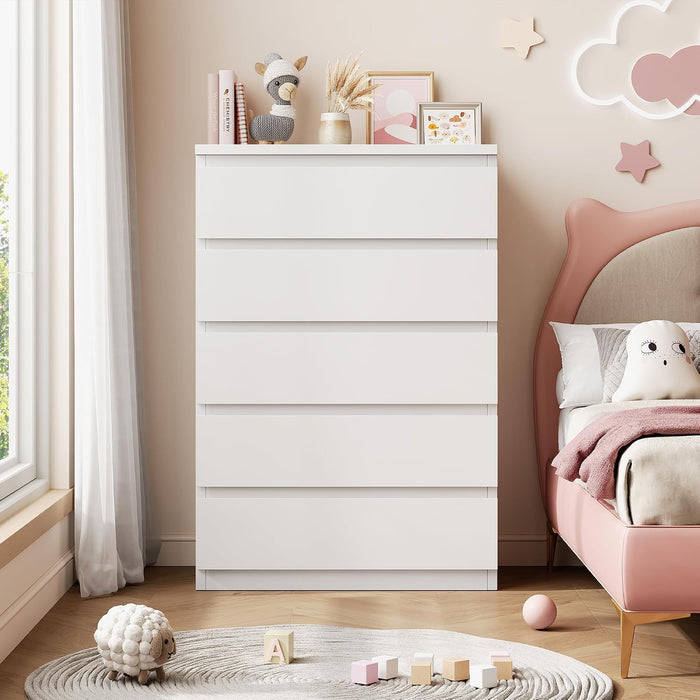 5 Drawer Dresser for Bedroom, White Dresser Chest of Drawers, Tall Dressers for Bedroom with Handleless Drawers, 15" D X 23.7" W X 40.4" H Storage Dressers for Living Room, Hallway and Entryway-White
