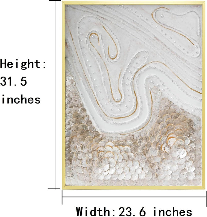 Modern Abstract Hand Painting with Natural Capiz Shell Wall Framed Ocean Artwork,Shell Shadow Box Wall Art，Art Painting - Handmade Collage of Natural Golden Shell, Bedroom Decor Framed Abstractartwork for , 23.6×31.5 Inch
