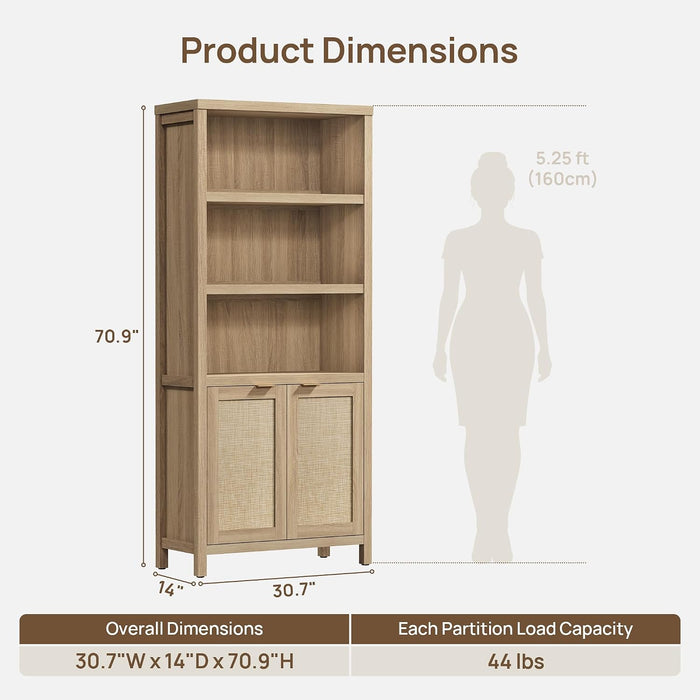 71" Tall Bookcase 5 Tier Rattan Bookshelf with Doors for Library | Farmhouse Storage Book Shelf with Adjustable Shelves Large Book Case Bookshelves for Living Room Home Office Bedroom Kitchen