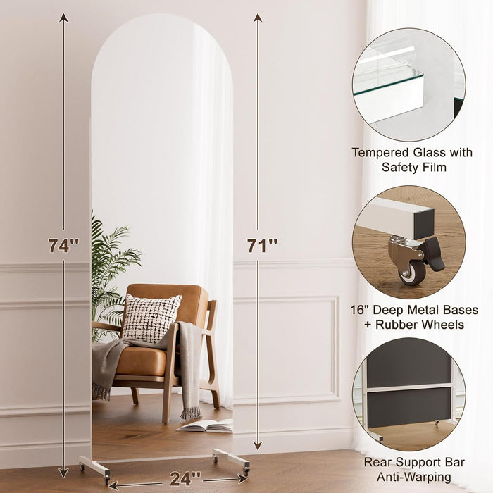Full Length Stand Mirror on Wheels, Arched, 71X24 In