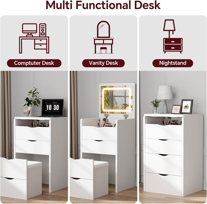 Compact Vanity Desk with Mirror and Lights, 19 Inch Hidden Makeup Vanity Cabinet with Storage Drawers & Shelves, Small Vanity Table for Bedroom, Flip Top Vanity for Small Spaces, White