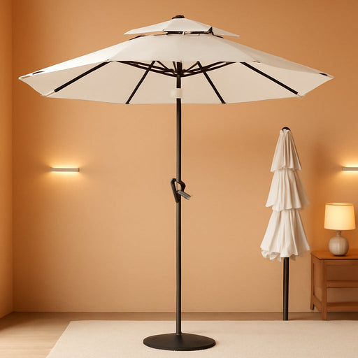 9Ft 3-Tier Patio Umbrellas, Outdoor Umbrella with 8 Sturdy Ribs UV Protection Windproof, Market Table Umbrella W/Push Button Tilt & Crank for Pool, Porch, Deck, Garden(Cream White)