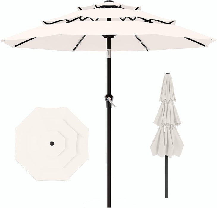 9Ft 3-Tier Patio Umbrellas, Outdoor Umbrella with 8 Sturdy Ribs UV Protection Windproof, Market Table Umbrella W/Push Button Tilt & Crank for Pool, Porch, Deck, Garden(Cream White)