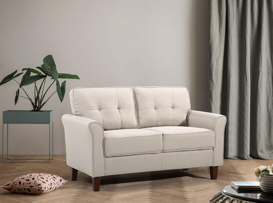 Modern Linen Loveseat Khaki Piped Details Tapered Legs