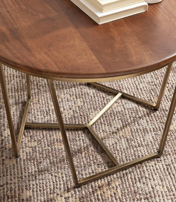 Solvay Mid-Century round Coffee Table; 26 X 26 X 18; Walnut Brown and Antique Brass; Sophisticated Modern Circle Table for Storage and Display