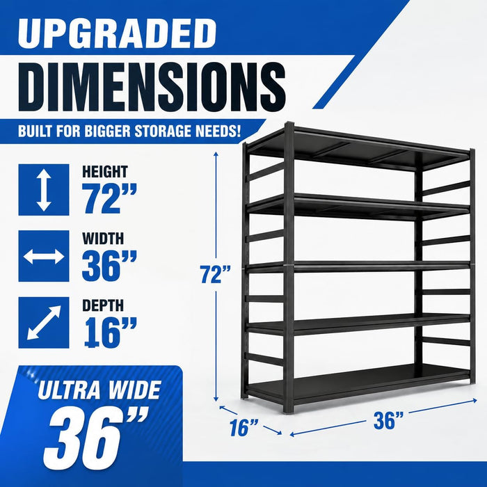 Metal Bookshelf, 5-Tier Adjustable Industrial Bookcase with Anti-Tip Kit | 2500LBS Boltless Steel Storage Shelves for Living Room, Bedroom & Home Office, 36"W X 16"D X 72"H