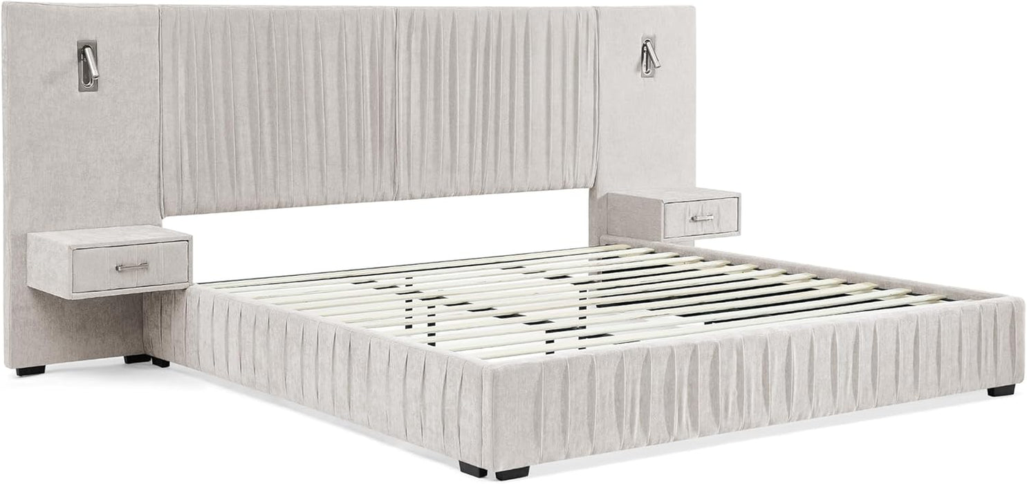 Queen Size Bed Frame with Built-In LED Lights and Nightstands, Chenille Upholstered Queen Platform Bed with Oversize Headboard,Pleated Design Grounded Bed,No Box Spring Needed,Beige