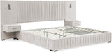 Queen Size Bed Frame with Built-In LED Lights and Nightstands, Chenille Upholstered Queen Platform Bed with Oversize Headboard,Pleated Design Grounded Bed,No Box Spring Needed,Beige