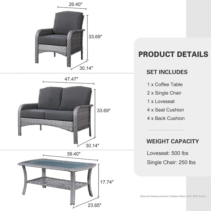 4-Piece Outdoor Patio Conversation Set, Backyard Furniture W/Loveseat, Coffee Table, Wicker Frame - Gray/Black