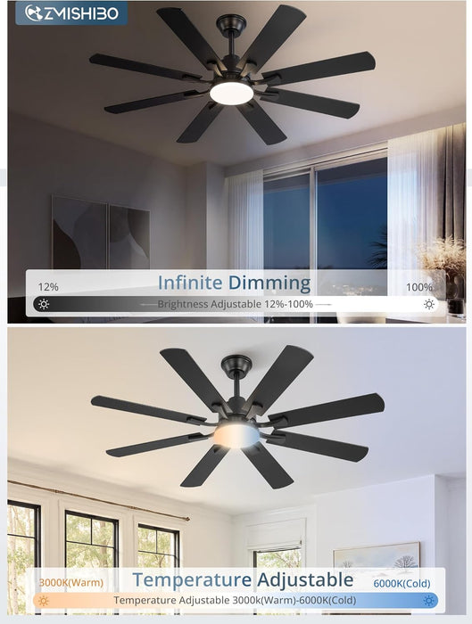 52 Inch Ceiling Fan with Light and Remote, 8 Blades Ceiling Fans with 20W LED Light, Quiet DC Motor, 6 Speeds, Stepless Color Temperature Change & Dimmable, for Bedroom Living Room, Black