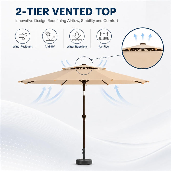 10FT Patio Umbrella, 2 Tier Outdoor Table Umbrella, Large Vented Market Umbrellas with Push Button Tilt and Crank, 8 Sturdy Ribs for Backyard, Deck, Pool, UPF50+ UV Protection